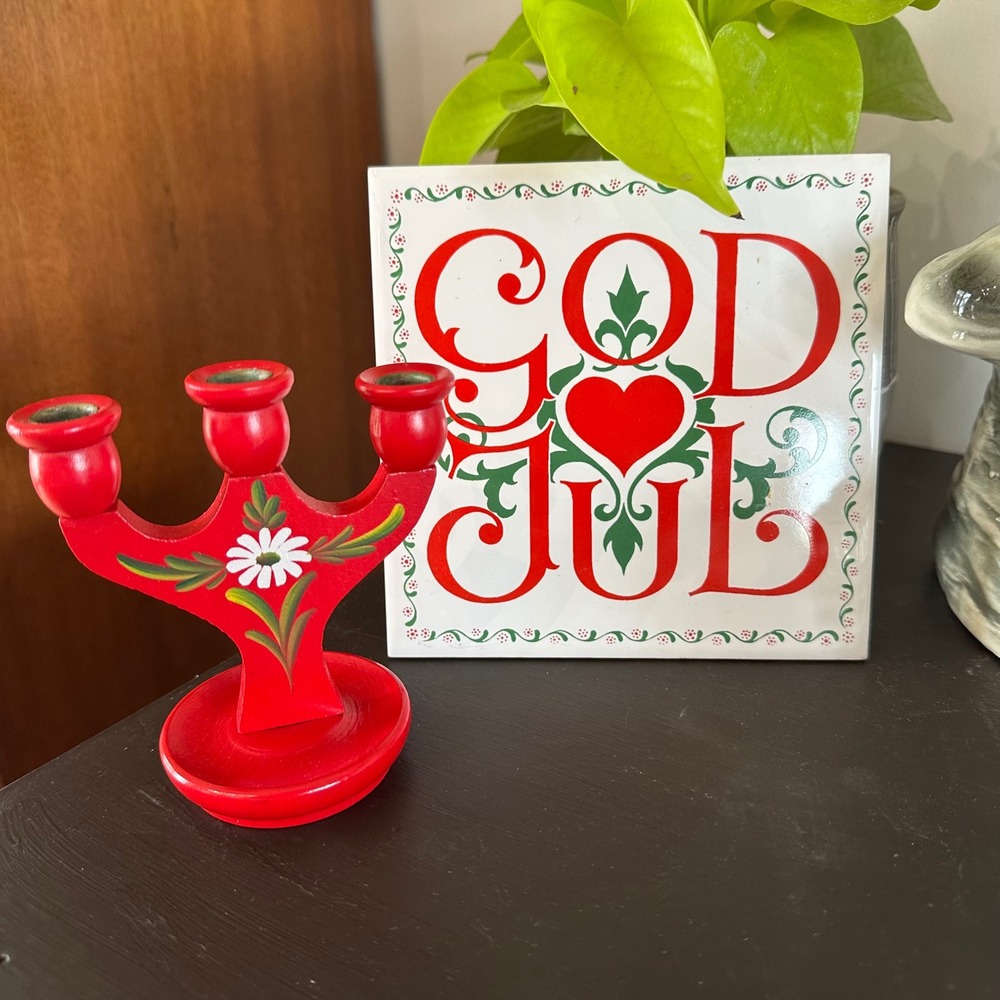 VTG Scandinavian Christmas God Jul Tile Red Wooden Candelabra Set Norway Decor